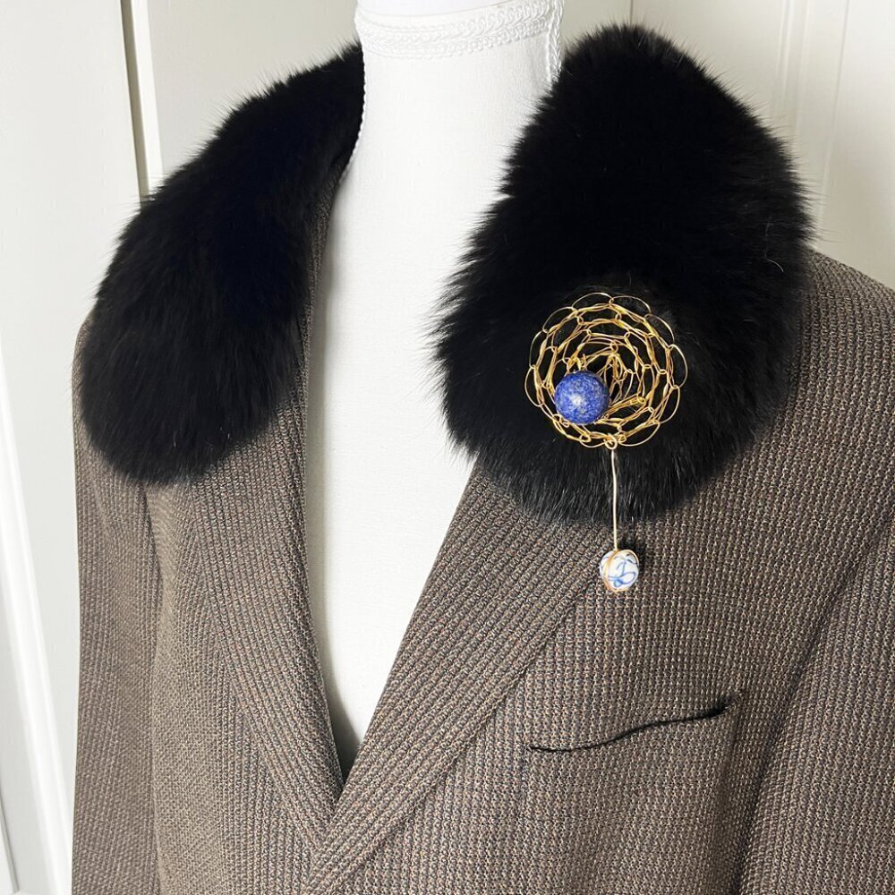 Vintage Wool Blazer w/ Detachable Mobwife Collar & Handmade Brooch, Oversized/XL